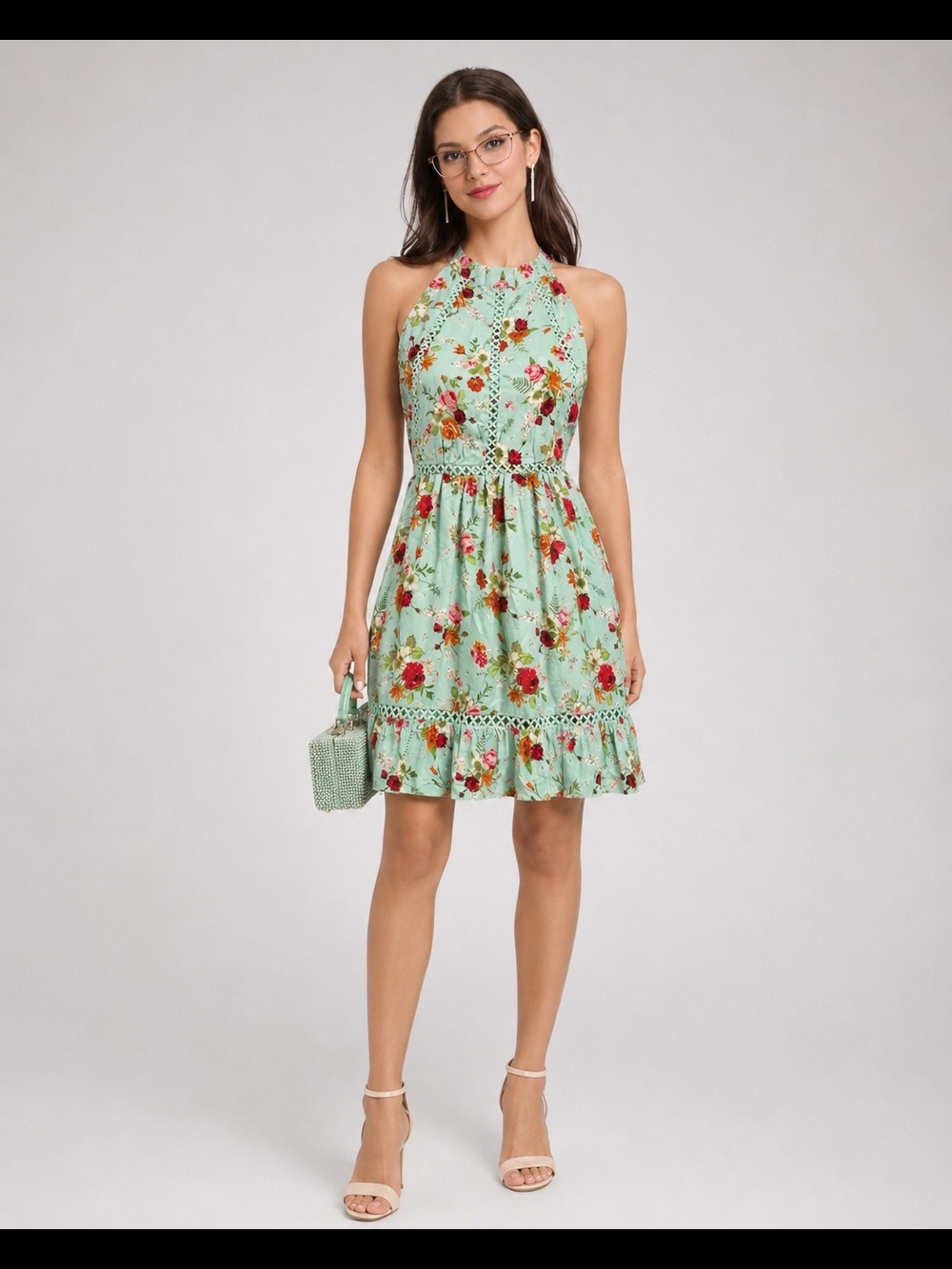 Sunday Mi Amor Womens Mini Halter Dress Size M Mint Blue Bouquet